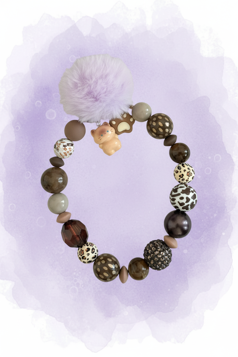I Fluffing Love Cats — Bruin Luipaard Lavendel Pompom Bag Charm